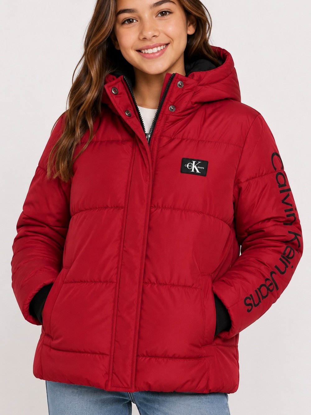 Calvin Klein Girls red Hooded Puffer Jacket size XL 18/20